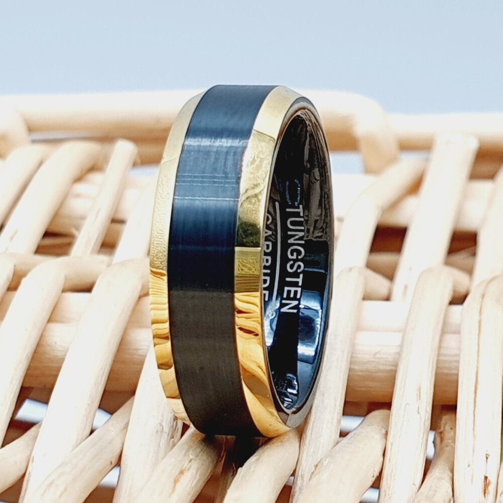 Unisex Tungsten Carbide Ring With Yellow Gold Plated Edges W866